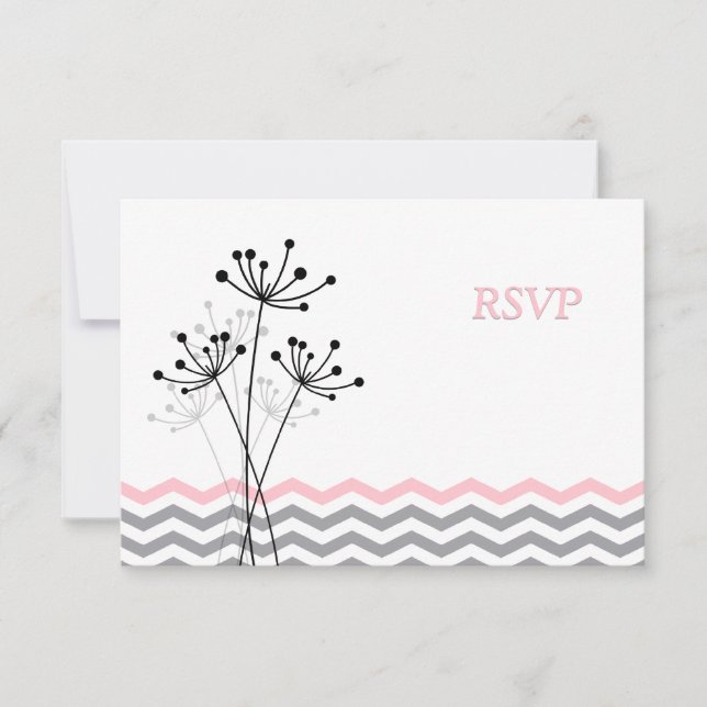 Pink, Grey Floral, Chevron Wedding RSVP Card (Front)
