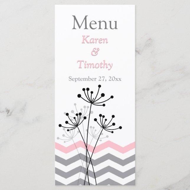 Pink, Grey Floral, Chevrons Wedding Menu Card (Front)