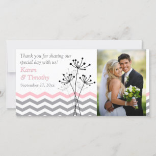 Pink, Grey Floral, Chevrons Wedding Photo Card