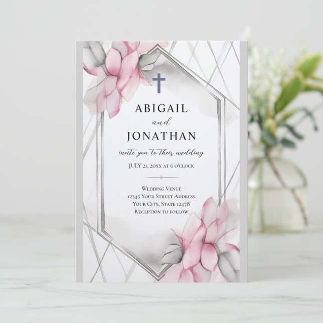 Pink Grey Floral Christian Cross and Bible Wedding Invitation (Standing Front)