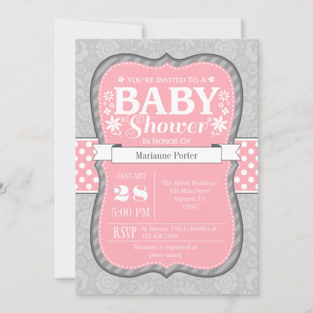 Pink Grey Floral Flower Baby Shower Invitation (Front)