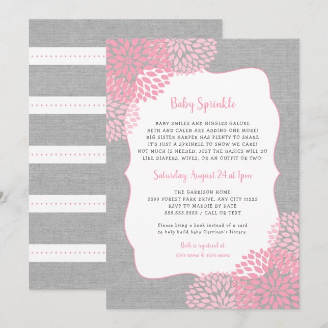 Pink Grey Floral Girl Baby Sprinkle invitation (Front/Back)