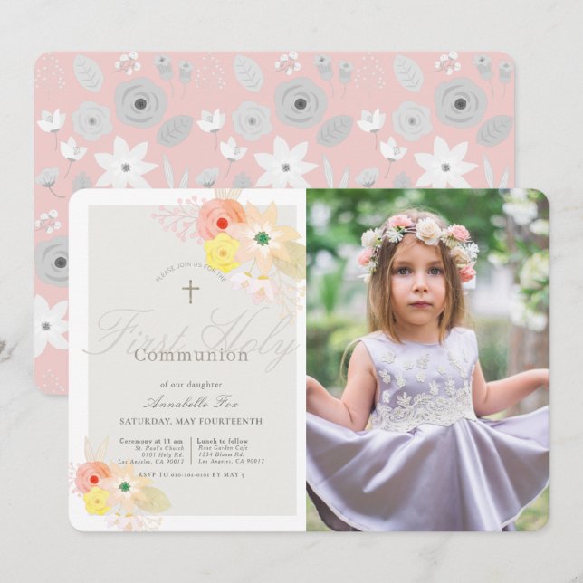 Pink Grey Floral Girl Photo First Holy Communion Invitation (Front/Back)