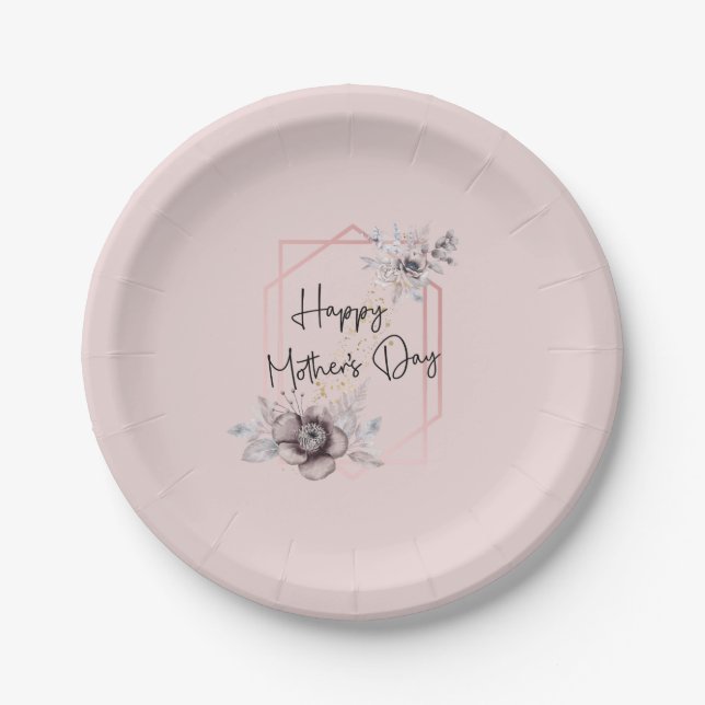 Pink Grey Floral Mother's Day Paper plates (Front)