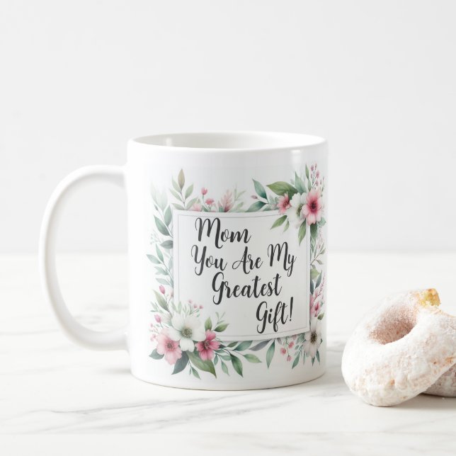 Pink & Grey Floral Mum Mother Coffee Mug (With Donut)