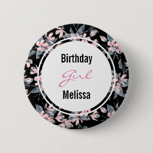 Pink & Grey Floral Pattern Birthday Girl 6 Cm Round Badge