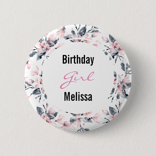 Pink & Grey Floral Pattern Birthday Girl 6 Cm Round Badge (Front)
