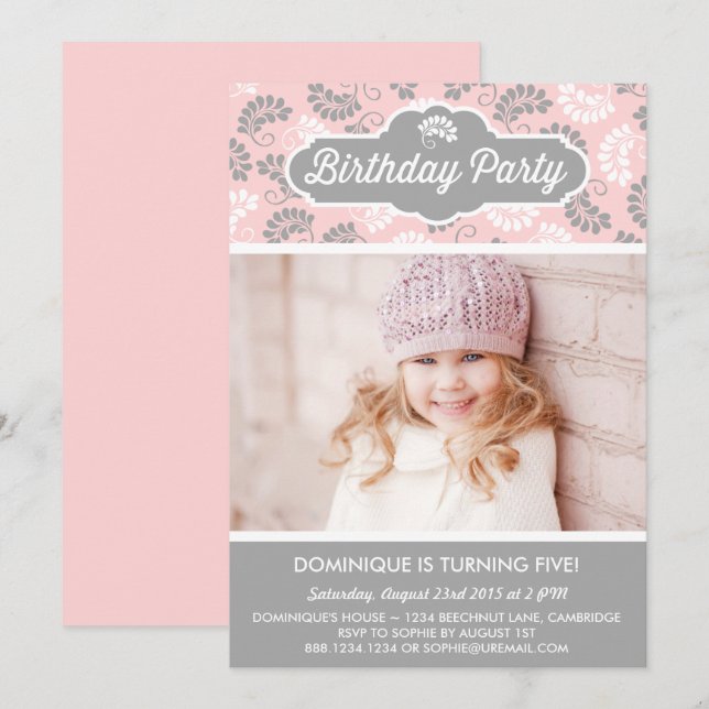 Pink & Grey Floral Photo Kids Birthday Invitation (Front/Back)