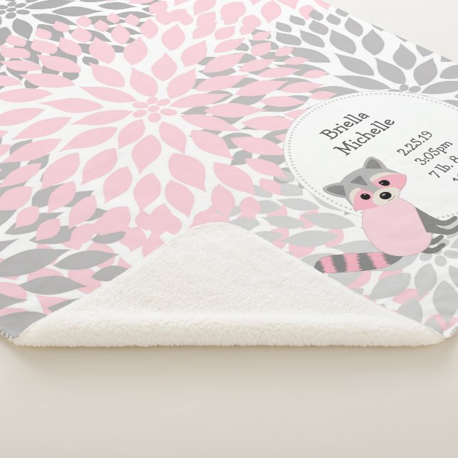 Pink grey floral racoon baby girl birth stats sherpa blanket (3/4)