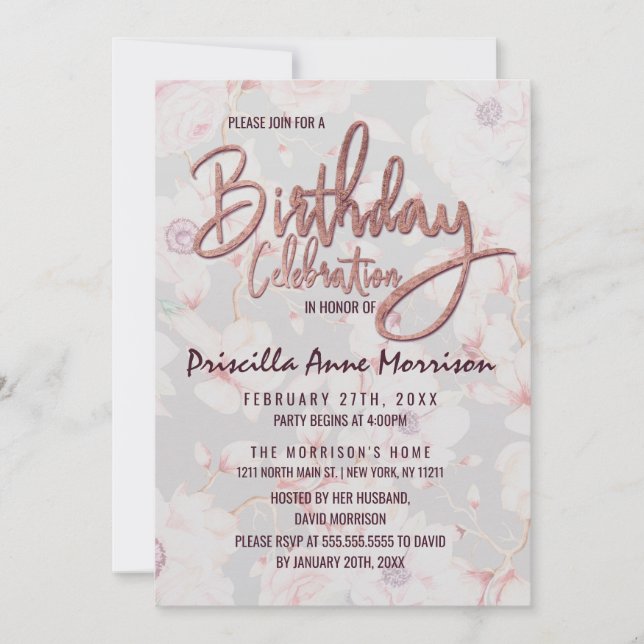 Pink Grey Floral Rose Gold Handwritten Birthday Invitation (Front)