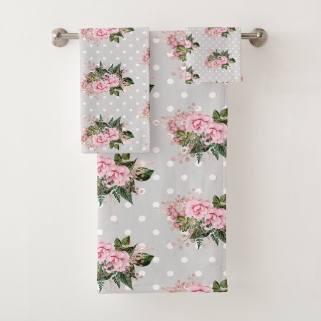 PINK GREY FLORAL SPOT BATHROOM TOWEL SET (Insitu)
