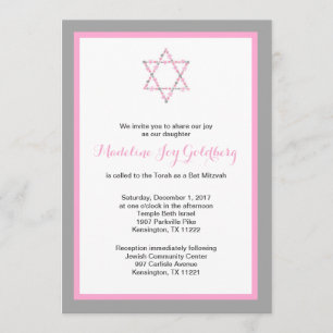 Pink Grey Floral Star of David Bat Mitzvah Invitation