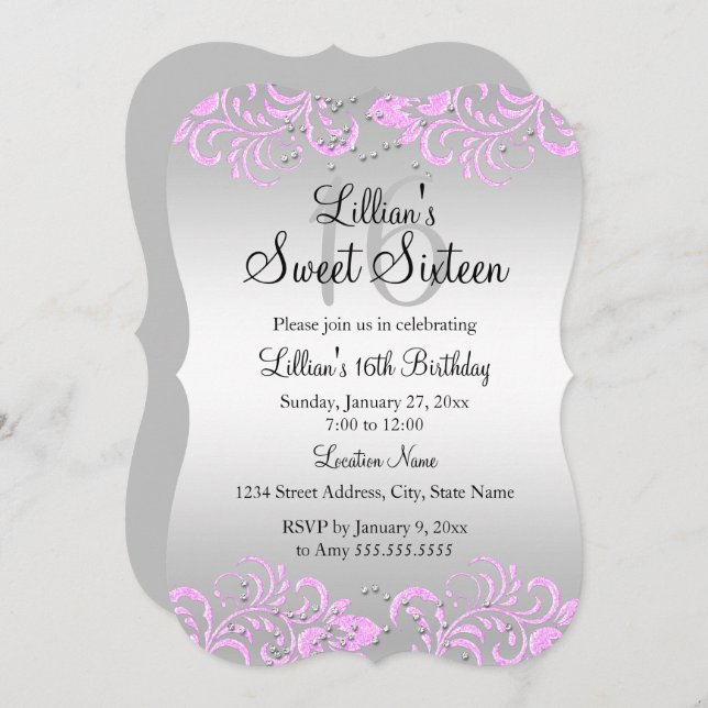 Pink Grey Floral Swirl Sweet 16 Invite (Front/Back)