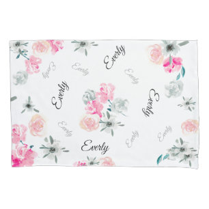 Pink Grey Floral watercolor baby girl name Pillowcase