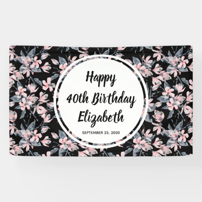 Pink & Grey Floral Watercolor Pattern Birthday Banner (Horizontal)
