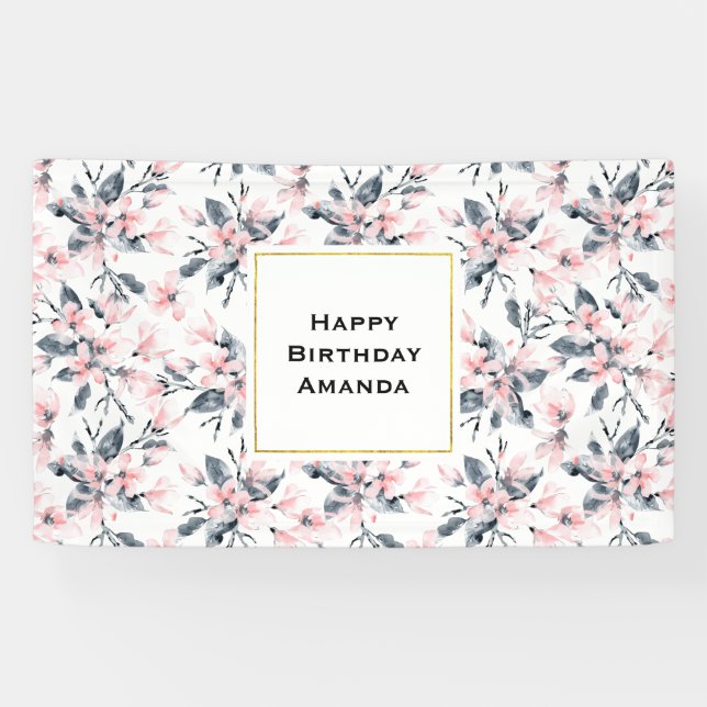 Pink & Grey Floral Watercolor Pattern Birthday Banner (Horizontal)