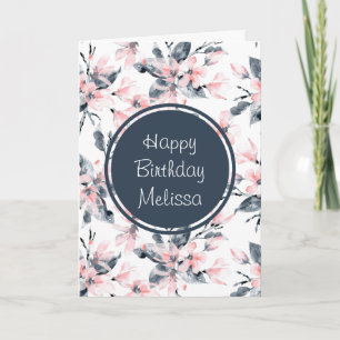 Pink & Grey Floral Watercolor Pattern Birthday Card