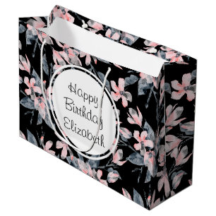 Pink & Grey Floral Watercolor Pattern Birthday Large Gift Bag