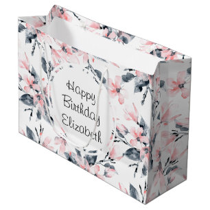Pink & Grey Floral Watercolor Pattern Birthday Large Gift Bag