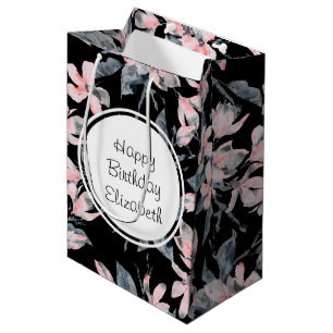 Pink & Grey Floral Watercolor Pattern Birthday Medium Gift Bag