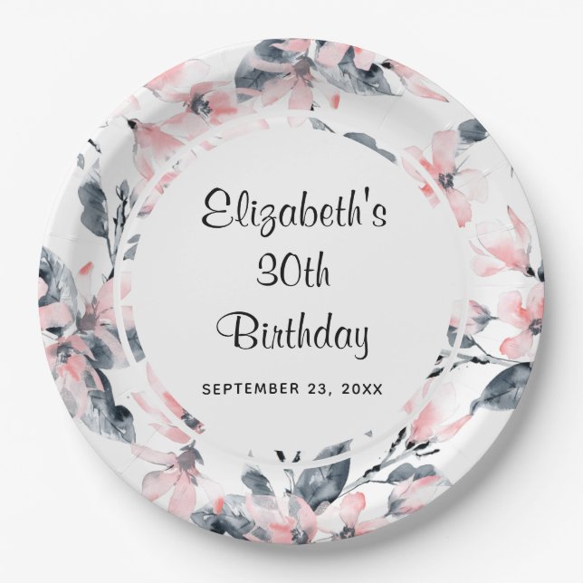 Pink & Grey Floral Watercolor Pattern Birthday Paper Plate (Front)