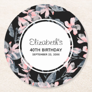 Pink & Grey Floral Watercolor Pattern Birthday Round Paper Coaster