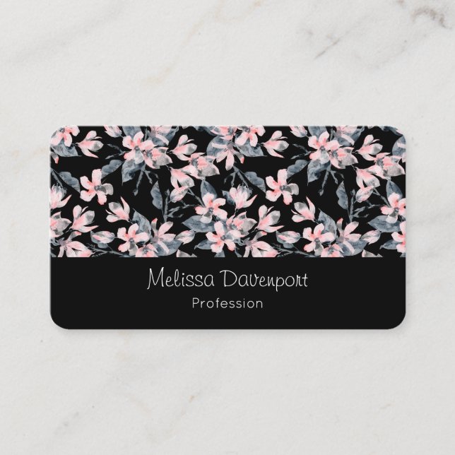 Pink & Grey Floral Watercolor Pattern Business Card (Front)