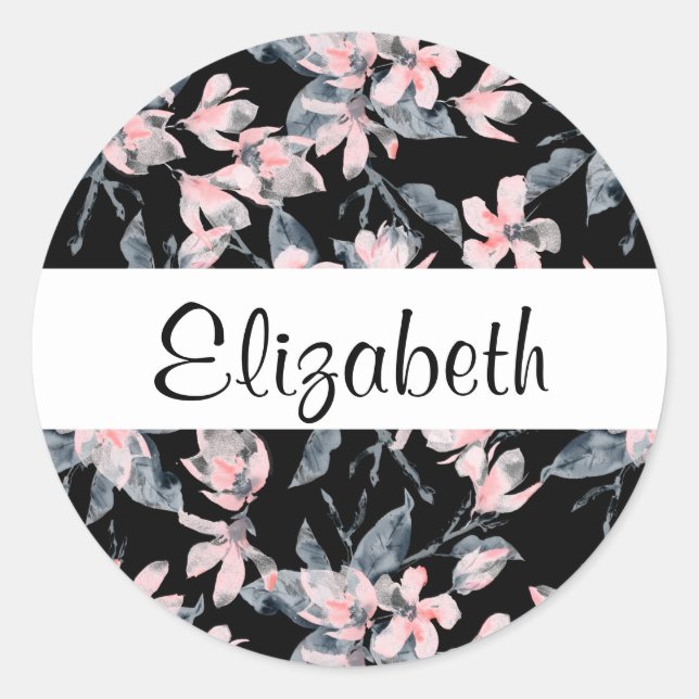 Pink & Grey Floral Watercolor Pattern Classic Round Sticker (Front)