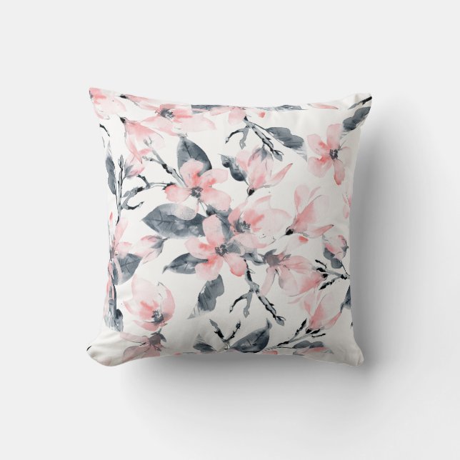 Pink & Grey Floral Watercolor Pattern Cushion (Front)