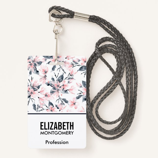 Pink & Grey Floral Watercolor Pattern ID Badge (Front with Lanyard)