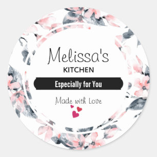 Pink & Grey Floral Watercolor Pattern Kitchen Classic Round Sticker