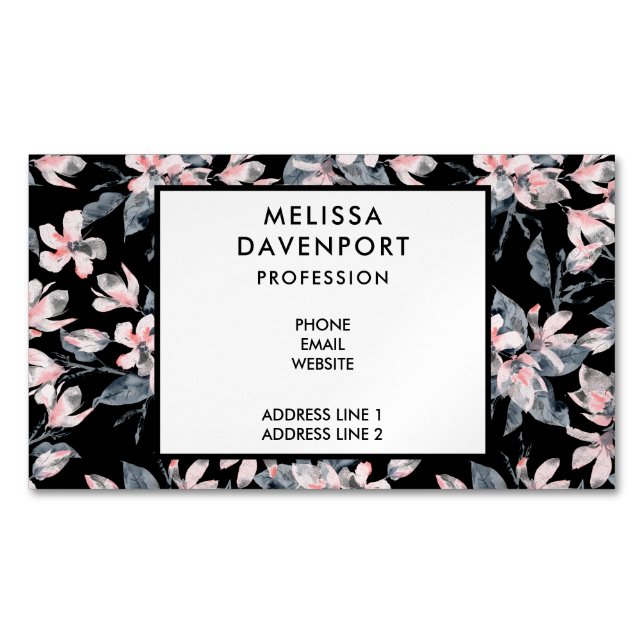 Pink & Grey Floral Watercolor Pattern Magnetic Business Card (Front)