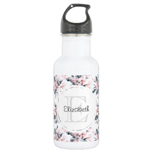 Pink & Grey Floral Watercolor Pattern Monogram 532 Ml Water Bottle