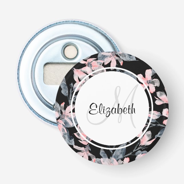 Pink & Grey Floral Watercolor Pattern Monogram Bottle Opener (Front)