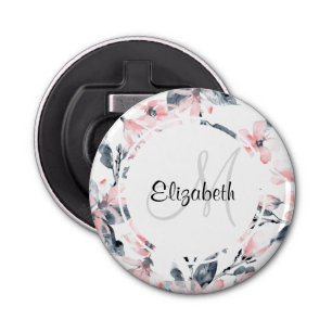 Pink & Grey Floral Watercolor Pattern Monogram Bottle Opener