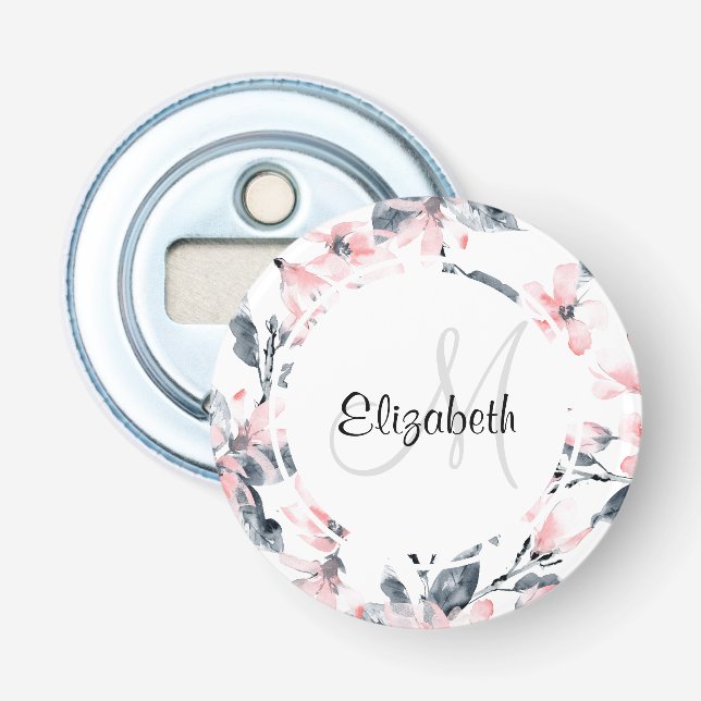 Pink & Grey Floral Watercolor Pattern Monogram Bottle Opener (Front)
