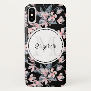 Pink & Grey Floral Watercolor Pattern Monogram iPhone X Case