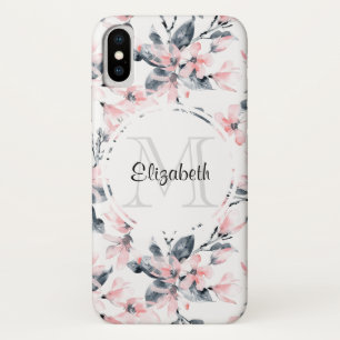 Pink & Grey Floral Watercolor Pattern Monogram iPhone X Case