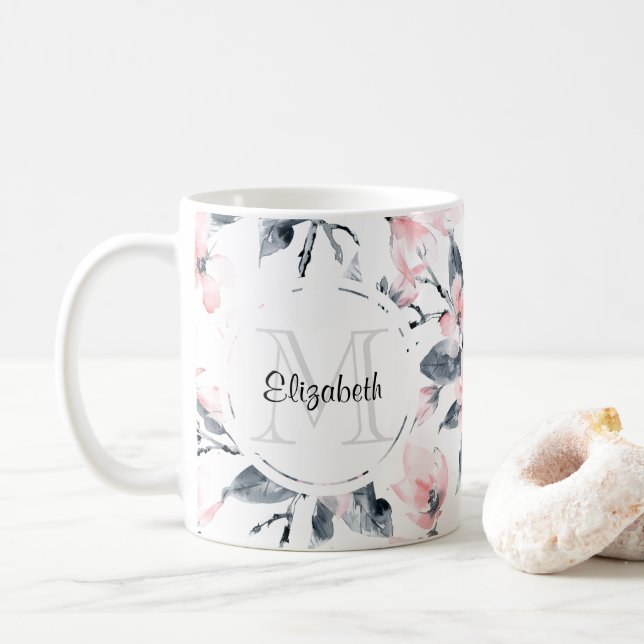Pink & Grey Floral Watercolor Pattern Monogram Coffee Mug (With Donut)