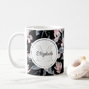 Pink & Grey Floral Watercolor Pattern Monogram Coffee Mug