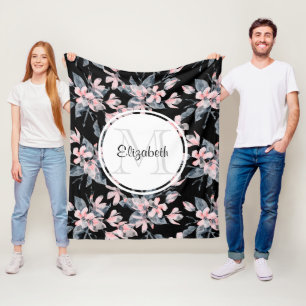 Pink & Grey Floral Watercolor Pattern Monogram Fleece Blanket