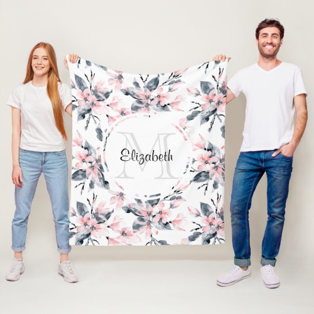 Pink & Grey Floral Watercolor Pattern Monogram Fleece Blanket (In Situ)