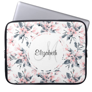 Pink & Grey Floral Watercolor Pattern Monogram Laptop Sleeve