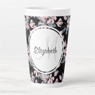 Pink & Grey Floral Watercolor Pattern Monogram Latte Mug