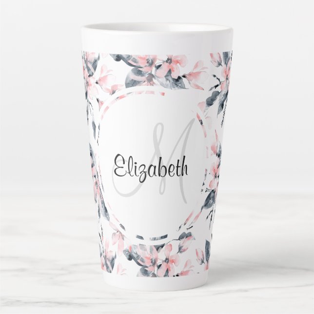 Pink & Grey Floral Watercolor Pattern Monogram Latte Mug (Front)