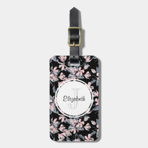 Pink & Grey Floral Watercolor Pattern Monogram Luggage Tag