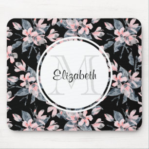Pink & Grey Floral Watercolor Pattern Monogram Mouse Mat