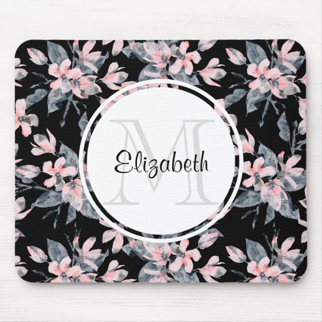 Pink & Grey Floral Watercolor Pattern Monogram Mouse Mat (Front)