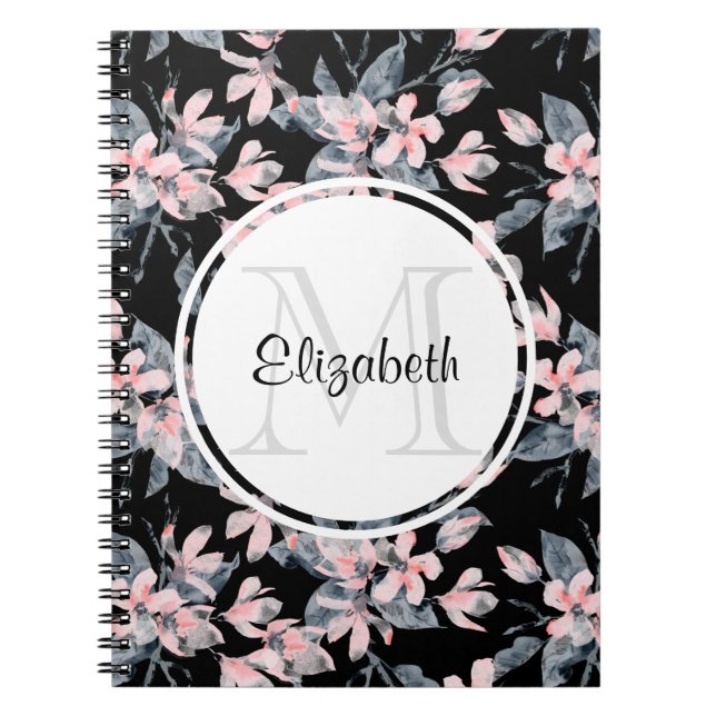 Pink & Grey Floral Watercolor Pattern Monogram Notebook (Front)