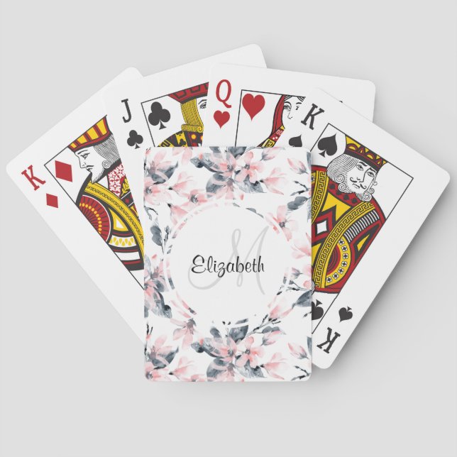 Pink & Grey Floral Watercolor Pattern Monogram Playing Cards (Back)